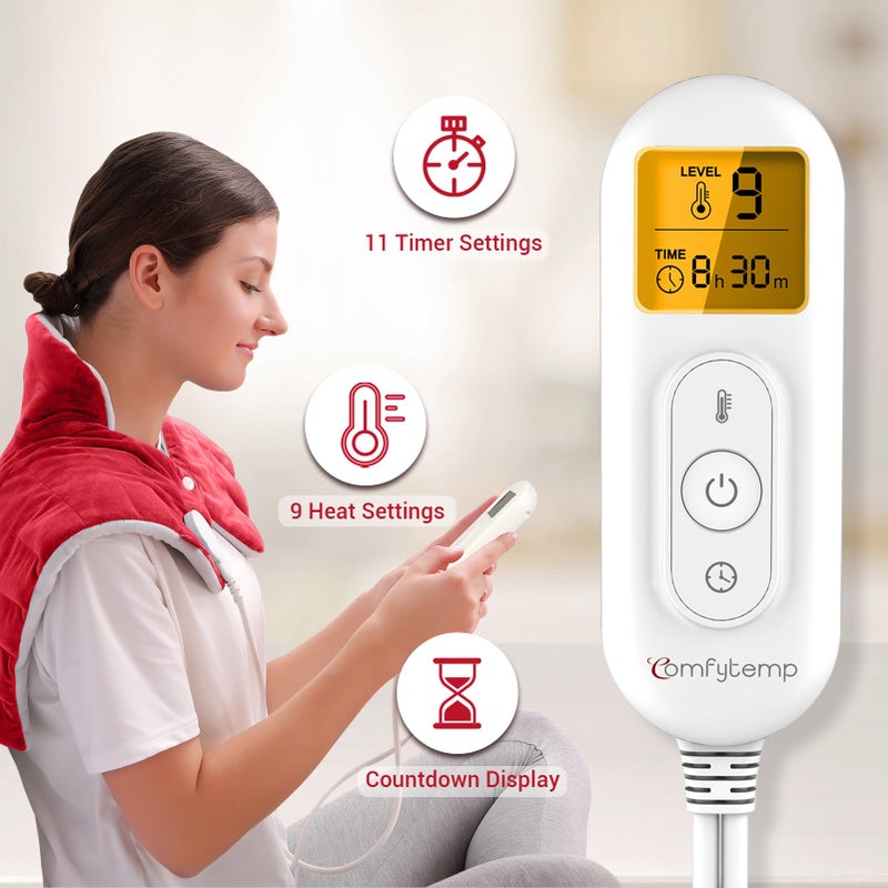 Comfytemp وسادة تدفئة للرقبة والكتفين والظهر، وسادة كهربائية مريحة من كومفيتمب بوزن 2.6 رطل، لفافة مدفأة كبيرة، 9 إعدادات حرارة، 11 إيقاف تلقائي، هدايا عيد ميلاد للنساء والرجال باللون الأحمر - Image 4